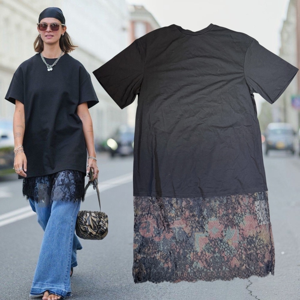 Missguided T-Shirt Dress Floral Lace Trim Hem Black XS